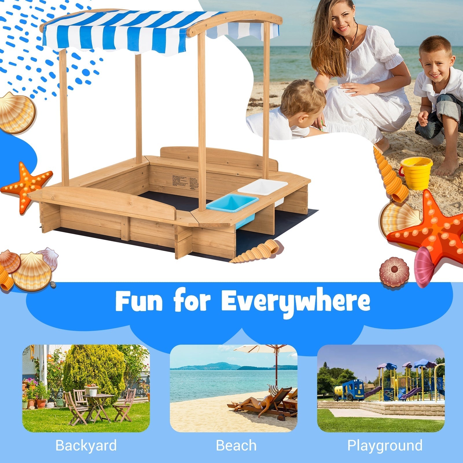 Kids Wooden Sandbox with Striped Canopy GBruno Store