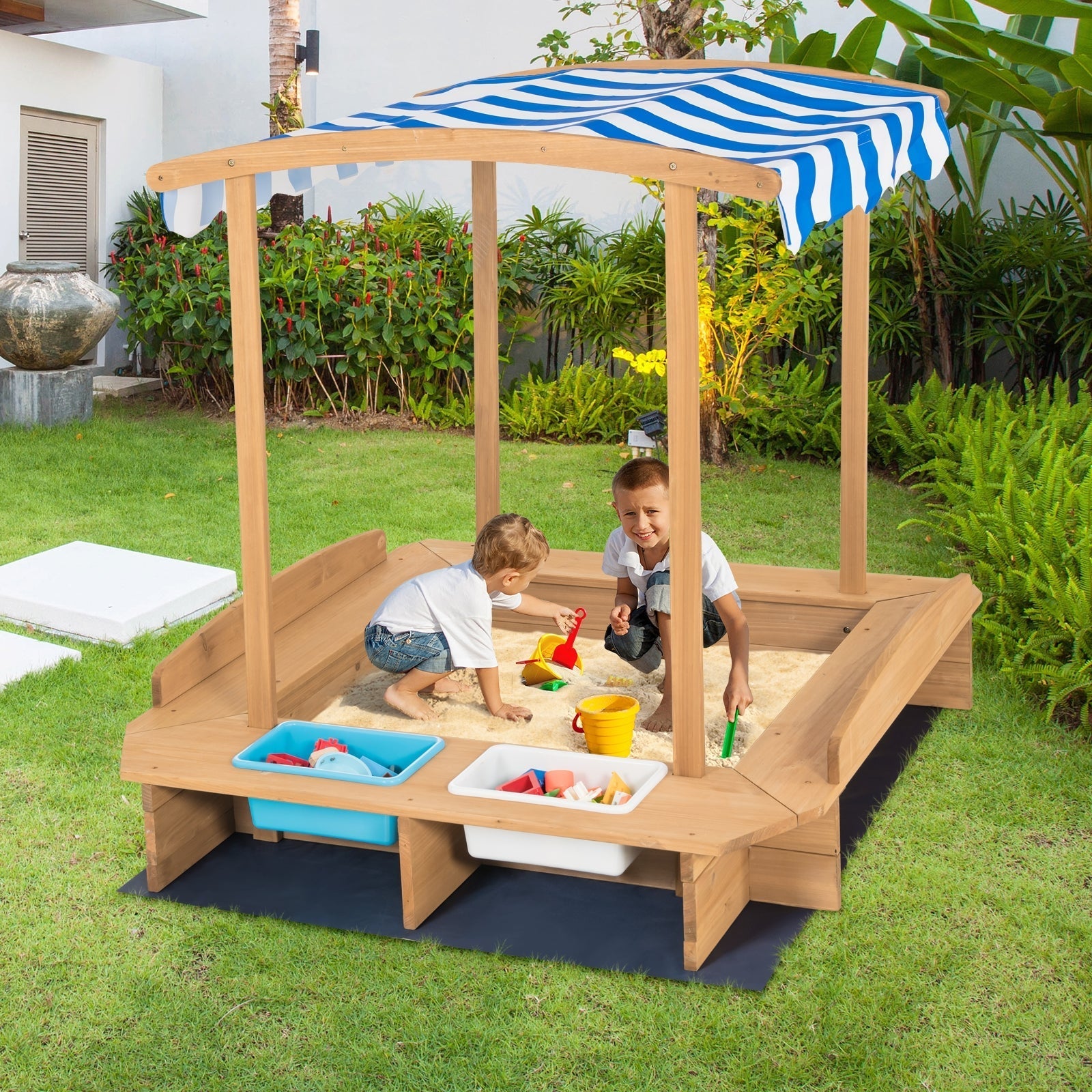 Kids Wooden Sandbox with Striped Canopy GBruno Store